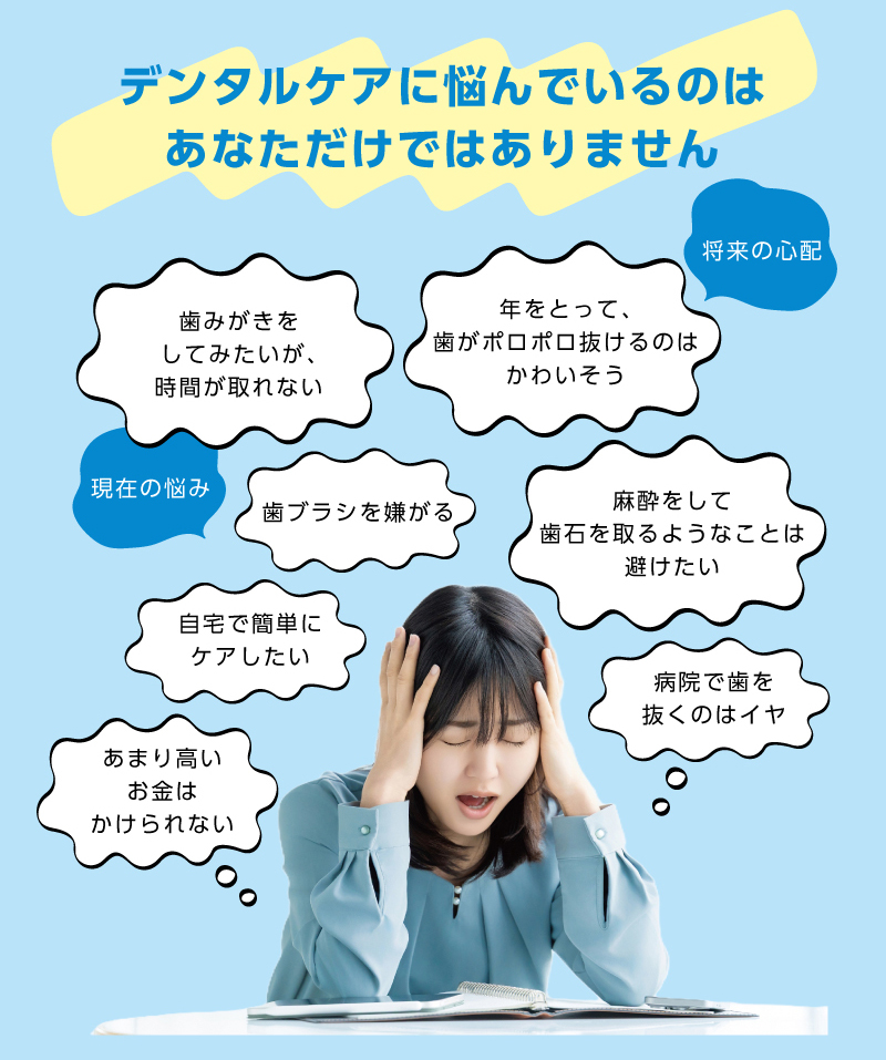 デンタルケアの新しい提案【デンタルケアに悩んでいるのはあなただけではありません】現在の悩み…歯みがきをしてみたいが時間が取れない、歯ブラシを嫌がる、自宅で簡単にケアしたい、あまり高いお金はかけられない　将来の心配…年をとって歯がポロポロ抜けるのはかわいそう、麻酔をして歯石を取るようなことは避けたい、病院で歯を抜くのはイヤ