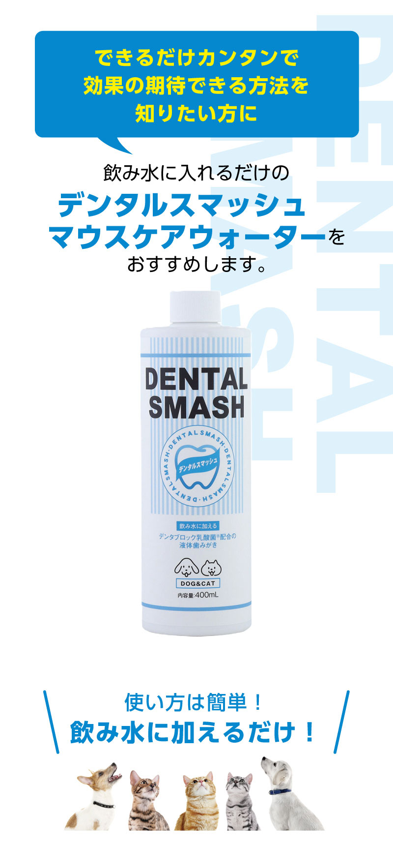【できるだけカンタンで効果の期待できる方法を知りたい方に】飲み水に入れるだけのデンタルスマッシュ　マウスケアウォーターをおすすめします。使い方は簡単！　飲み水に加えるだけ！