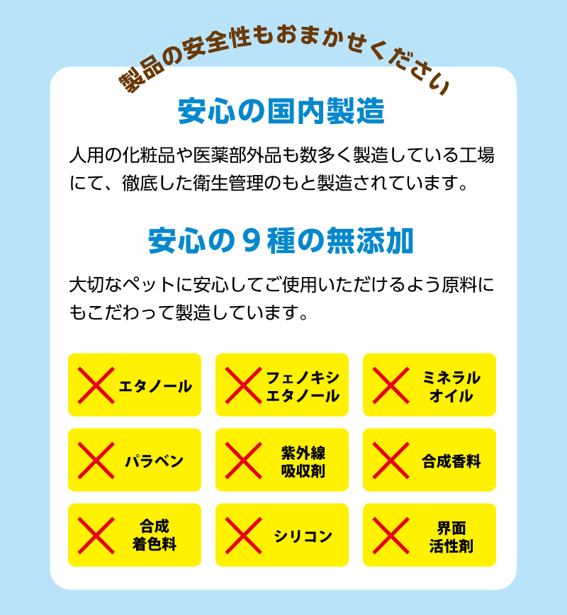 まとめ【製品の安全性もおまかせください】安心の国内製造：人用の化粧品や医薬部外品も数多く製造している工場にて、徹底した衛生管理のもと製造されています。　安心の9種の無添加：大切なペットに安心してご使用いただけるよう原料にもこだわって製造しています。×エタノール　×フェノキシエタノール　×ミネラルオイル　×パラベン　×紫外線吸収材　×合成香料　×合成着色料　×シリコン　×界面活性剤