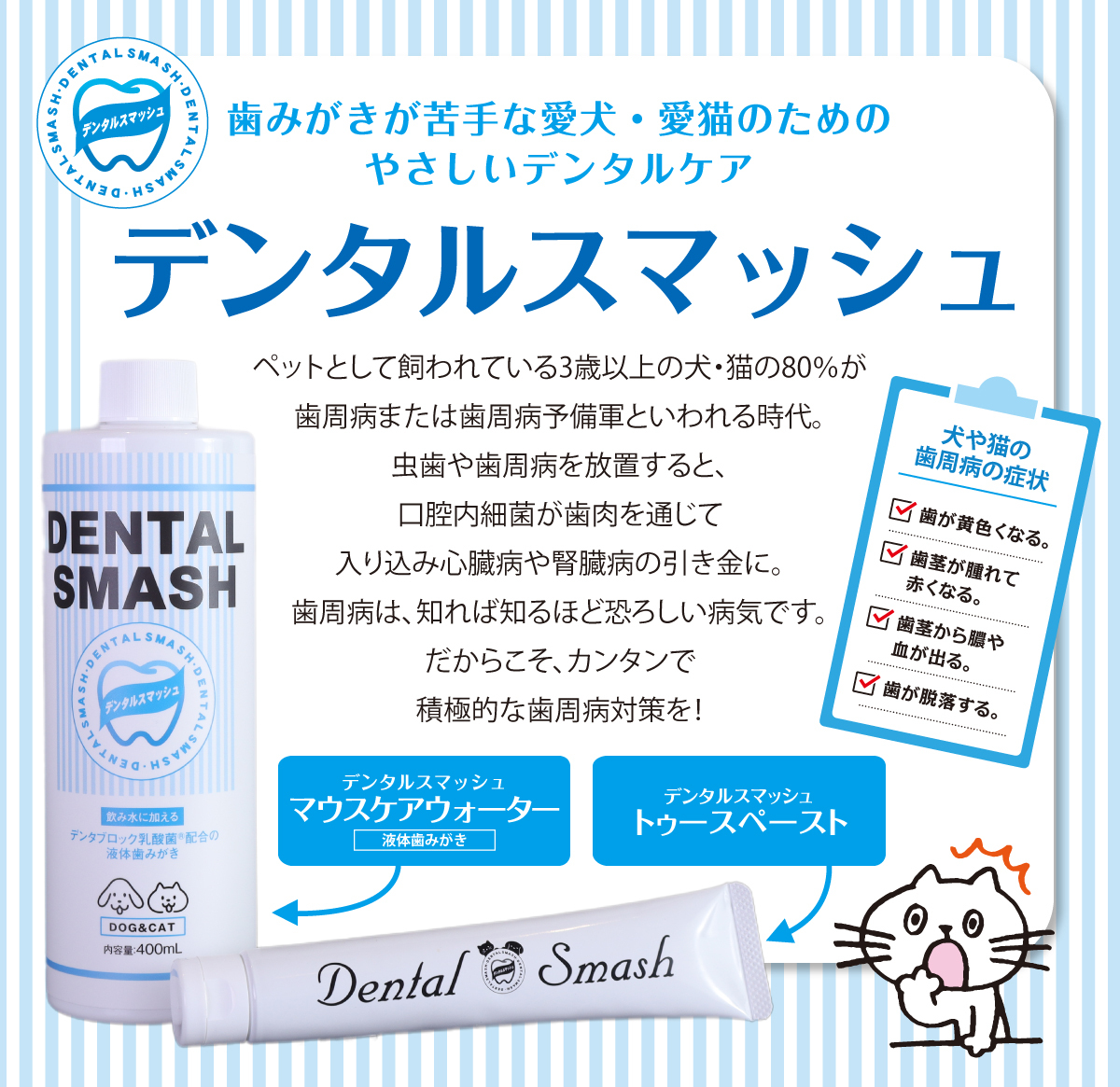 デンタブロック乳酸菌KT-11配合のデンタルスマッシュ　水に混ぜるだけの「マウスケアウォーター」となめさせるだけの「トゥースペースト」をご紹介します。