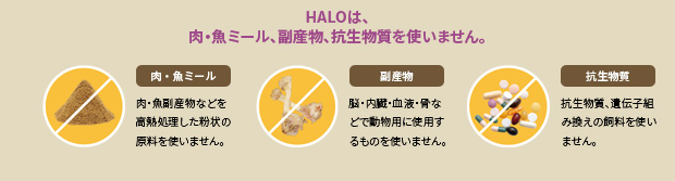 HALOは、肉・魚ミール、副産物、抗生物質を使いません
