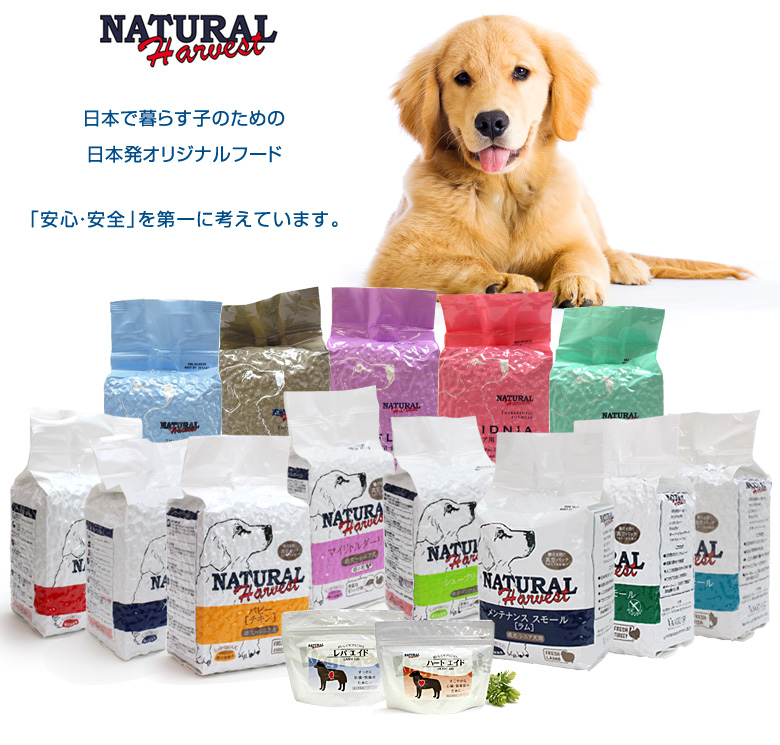 ナチュラルハーベストは日本に住む犬のためにつくられた無添加のオリジナルドッグフード 。低アレルギー素材のバイソン、猪を使用したフードもあります。【ペット用品通販のドッグパラダイス】