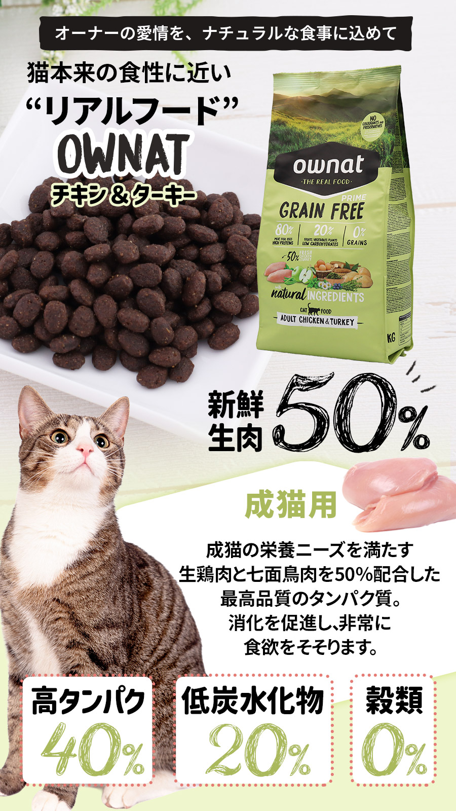 オーナット　グレインフリー　プライム　チキン＆ターキー　キャット