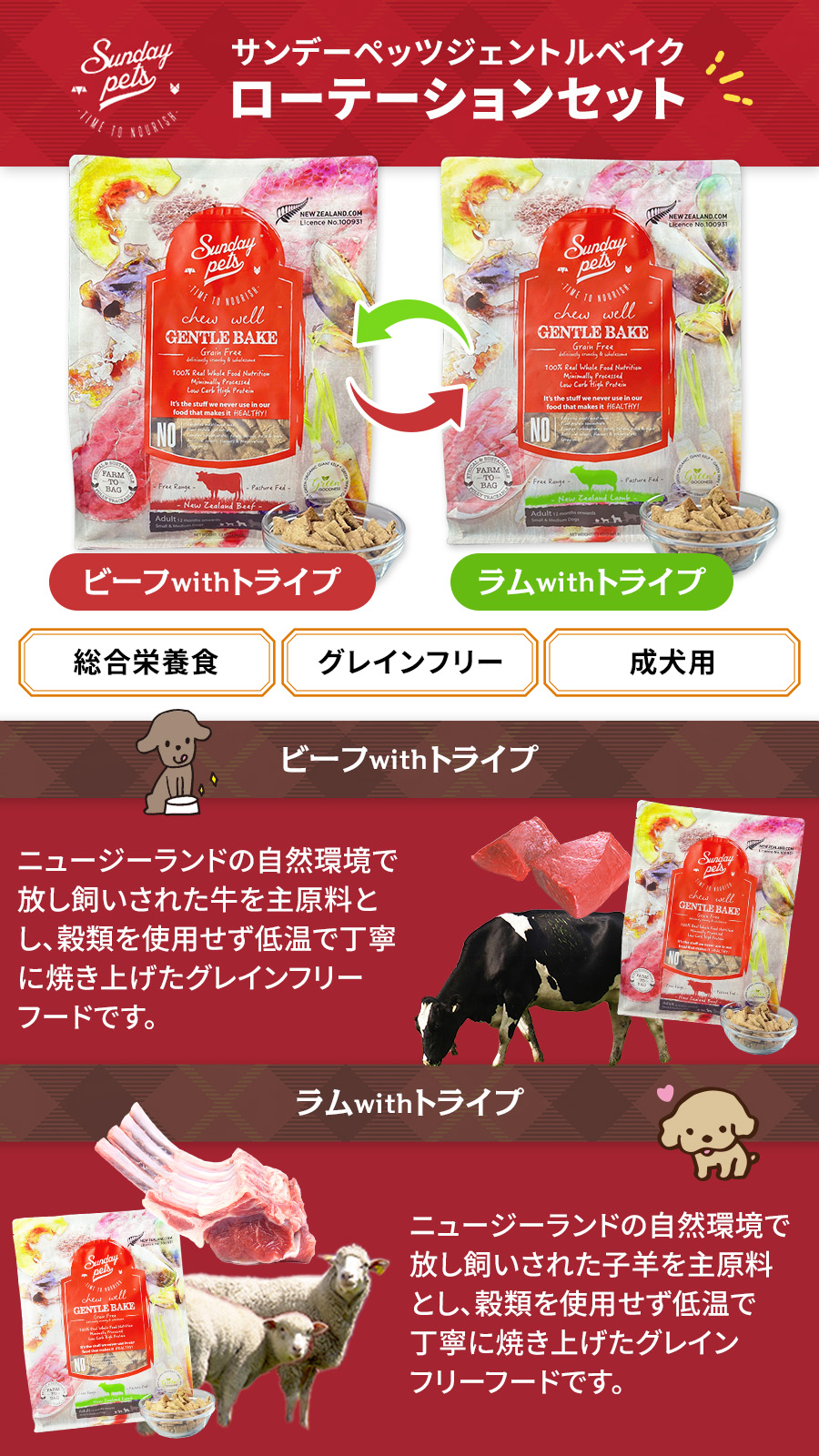 サンデーペッツ ローテーションセット3 ラム ウィズトライプ＋ビーフ ウィズトライプ 1.3kg 各1袋