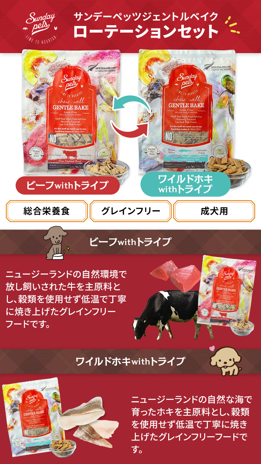 サンデーペッツ ローテーションセット5 ビーフ ウィズトライプ＋ワイルドホキ ウィズトライプ 1.3kg 各1袋