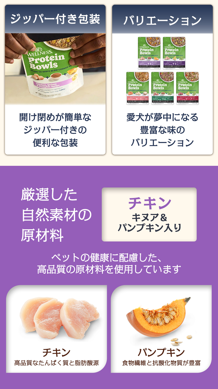 ウェルネス プロテインボウル チキン キヌア・パンプキン入り