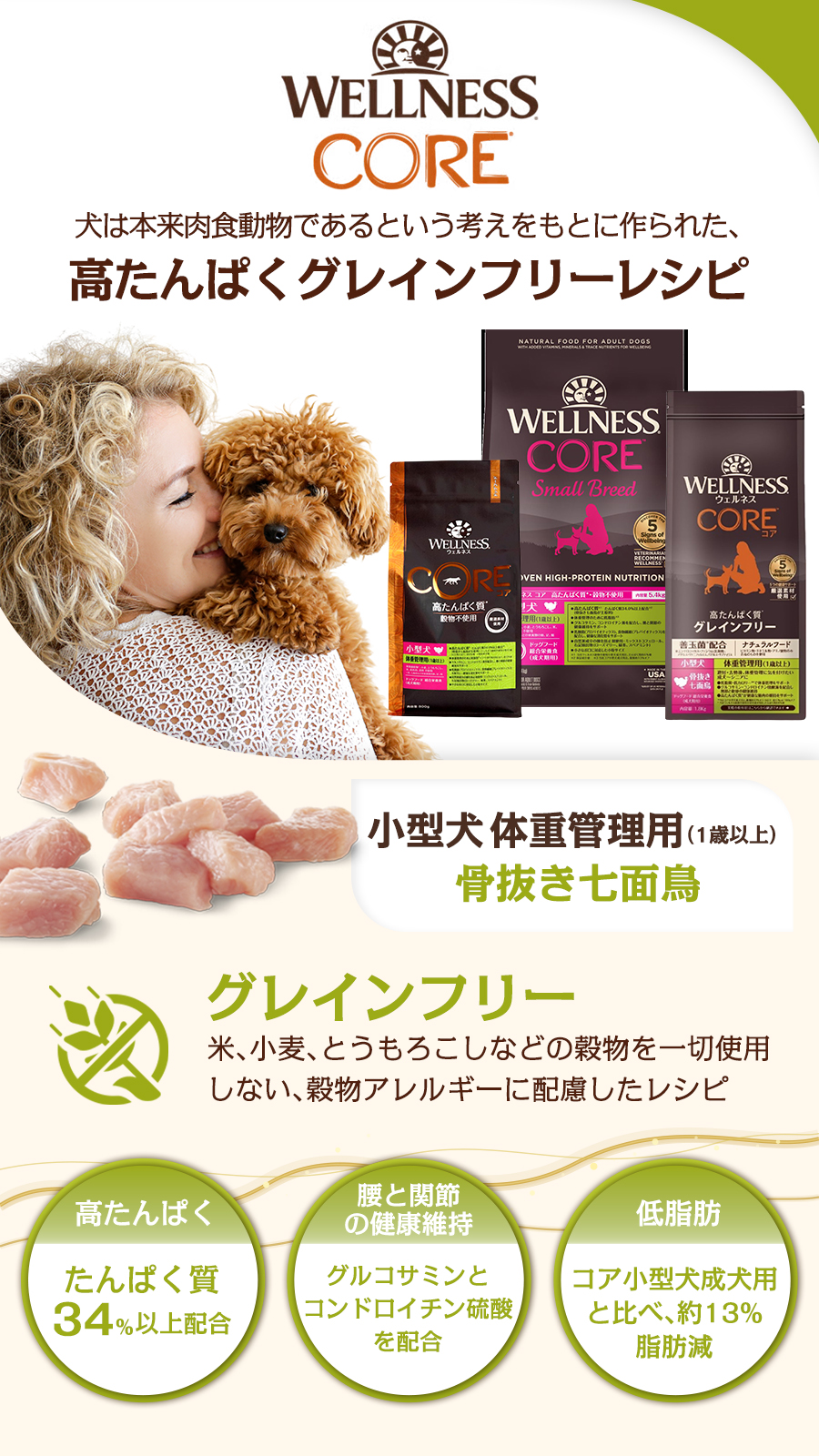 高たんぱく質・穀物不使用 小型犬 体重管理用（1歳以上）骨抜き七面鳥